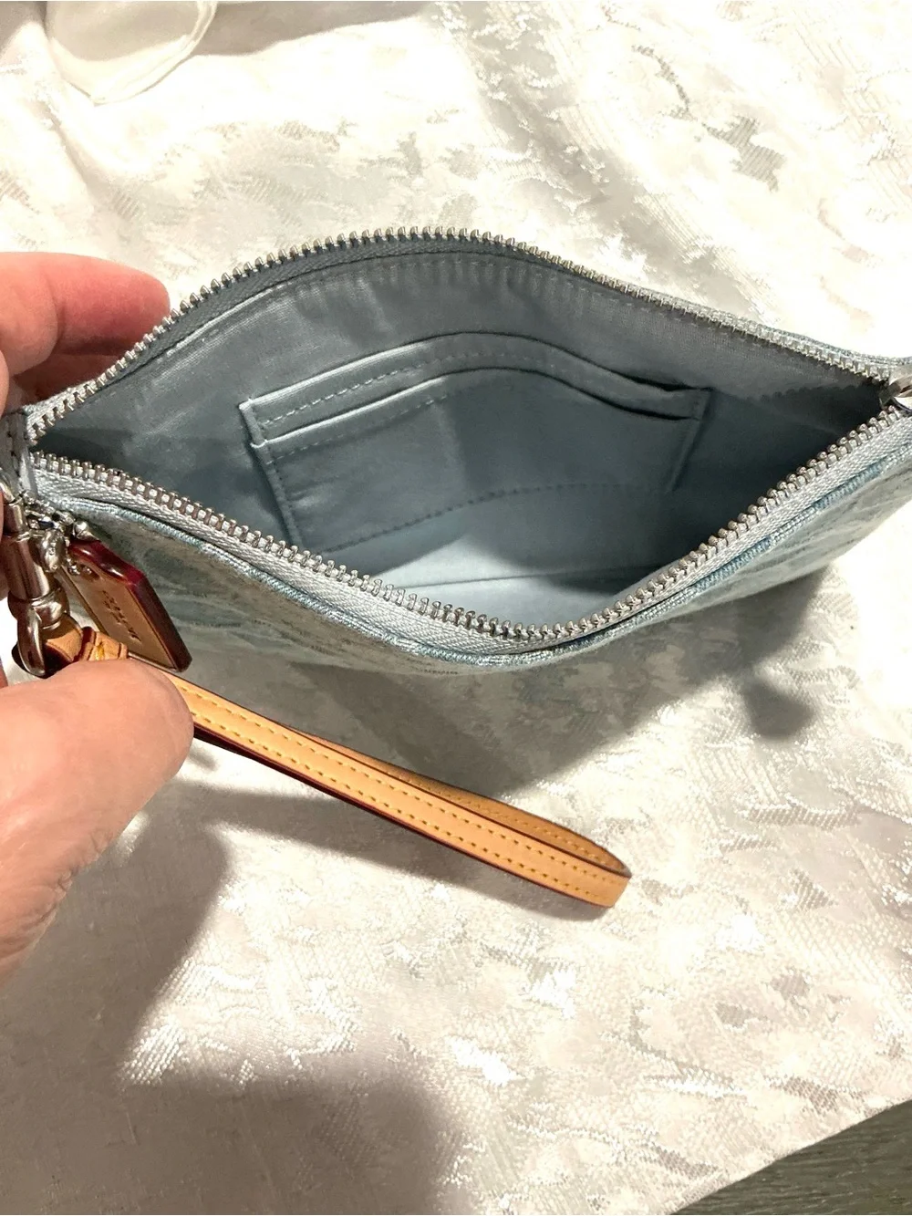 Coach Denim Wristlet with Tan Leather Strap CJ874